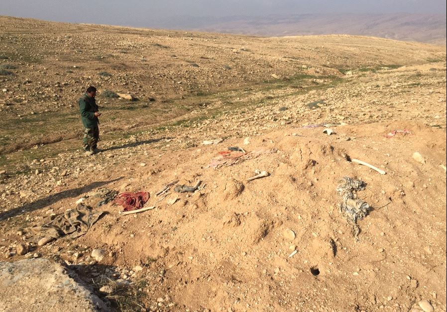 Two photos of mass grave sites near Sinjar in 2015 of Yazidis who were mass murdered by ISIS.