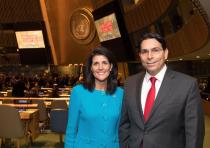 Ambassador Danny Danon and Ambassador Nikki Haley entering the UN General Assembly Hall