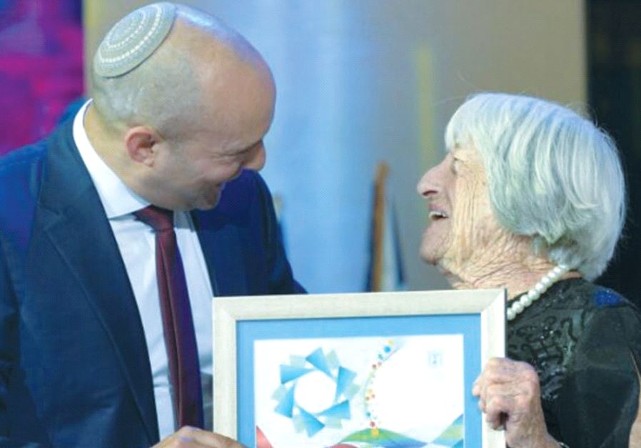 AGNES KELETI receives the Israel Prize from Education Minister Naftali Bennett in Jerusalem
