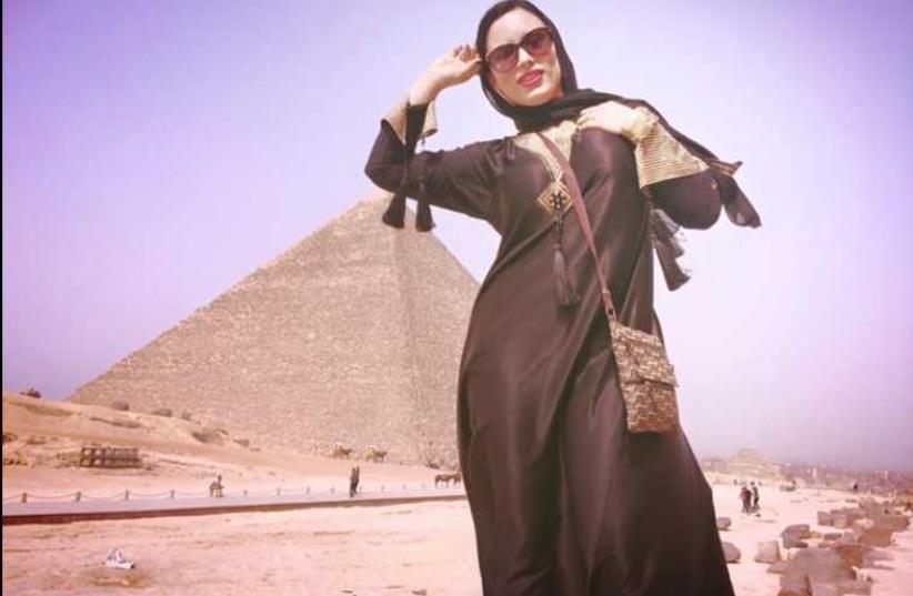Adult film star Carmen De Luz in front of pyramid in Giza (photo credit: FACEBOOK)