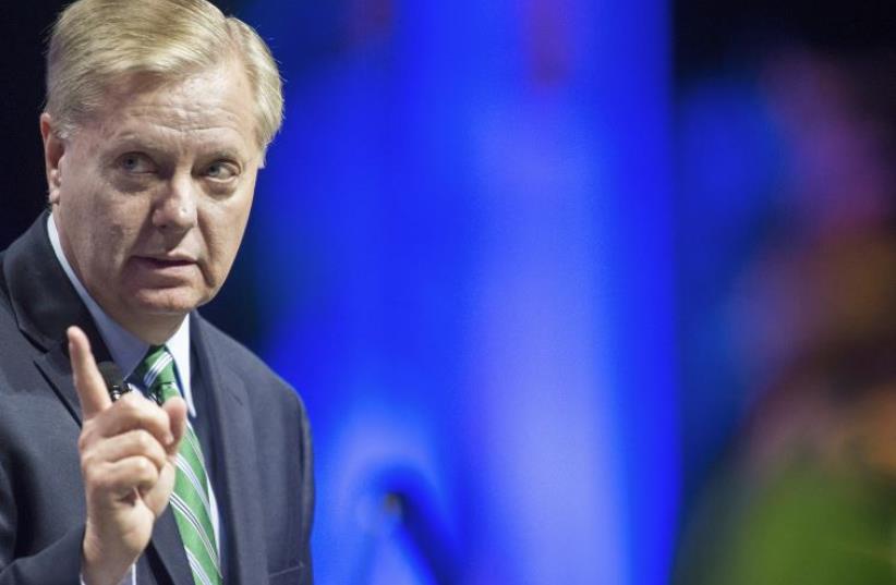 Lindsey Graham at CUFI summit (photo credit: DPA PICTURE-ALLIANCE/AFP)