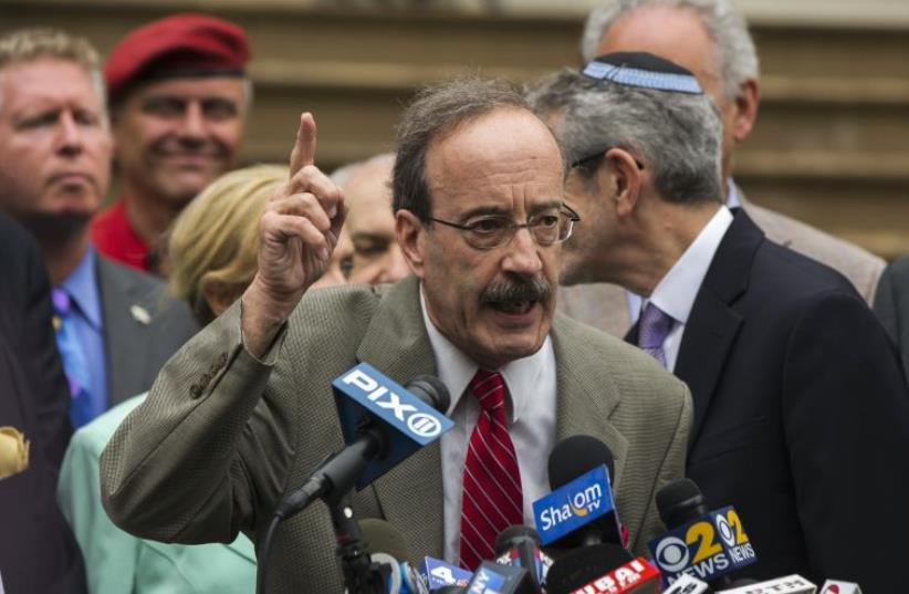 US Representative Eliot Engel (D-NY) speaks during a pro-Israel rally organized by local Jewish communities in front of City Hall in New York (photo credit: REUTERS)