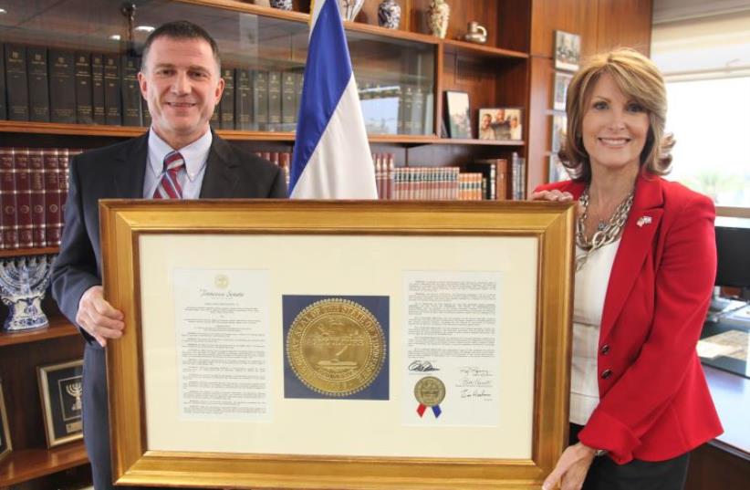 Laurie Cardoza-Moore with Yuli Edelstein at the Knesset recently (photo credit: Courtesy)