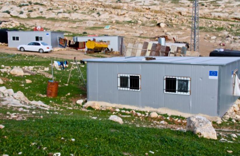 Illegal EU funded Palestinian structures in the area of Kfar Adumim.  (photo credit: TOVAH LAZAROFF)
