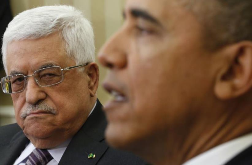 US President Barack Obama meets with Palestinian Authority President Mahmoud Abbas (L) at the White House (photo credit: REUTERS)