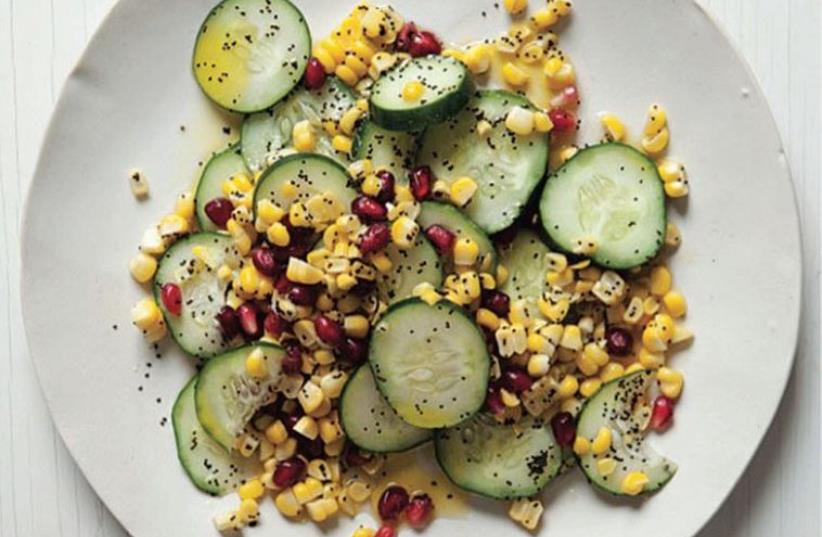 Cucumber and Corn Salad with Poppy and Pomegranate (photo credit: KATE SEARS)