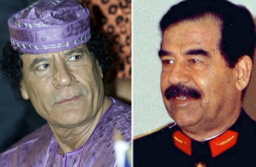 Deposed dictators Muammar Gaddafi of Libya (L) and Saddam Hussein of Iraq (photo credit: REUTERS)