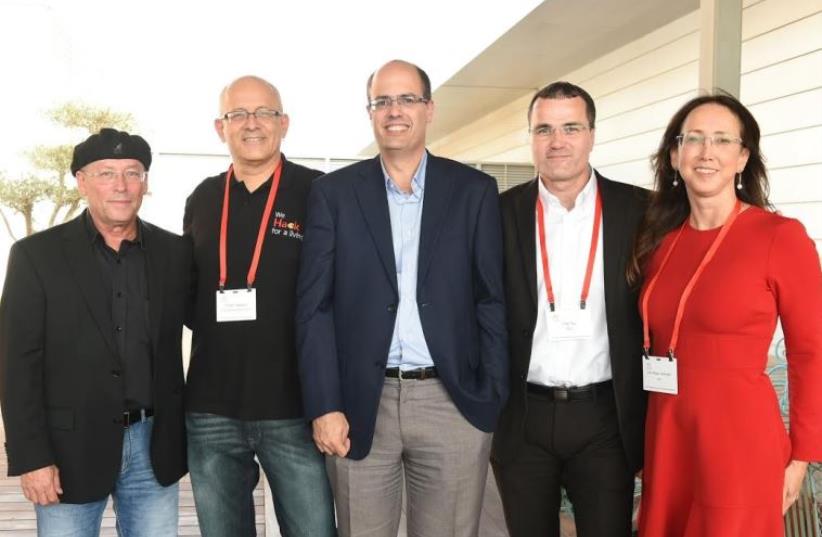 From R to L, IATI CEO Karin Mayer Rubenstein, EMC Israel GM Erez Tsur, Chief Scientist Avi Hasson, Microsoft Israel GM Manager, and former Intel Israel CEO Mooly Eden (photo credit: CHAIM BACHIR)
