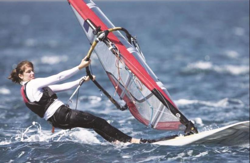 Israeli windsurfer Ma’ayan Davidovich at Oman Worlds competing flag-less (photo credit: ISRAELI SAILING ASSOCIATION/COURTESY)