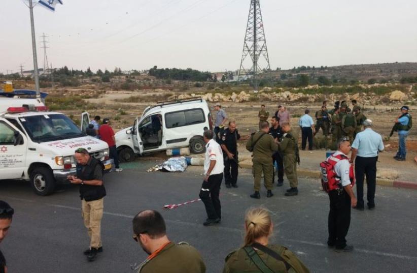 Scene of vehicular terror attack at Gush Etzion Junction, October 20, 2015 (photo credit: GUSH ETZION REGIONAL COUNCIL)