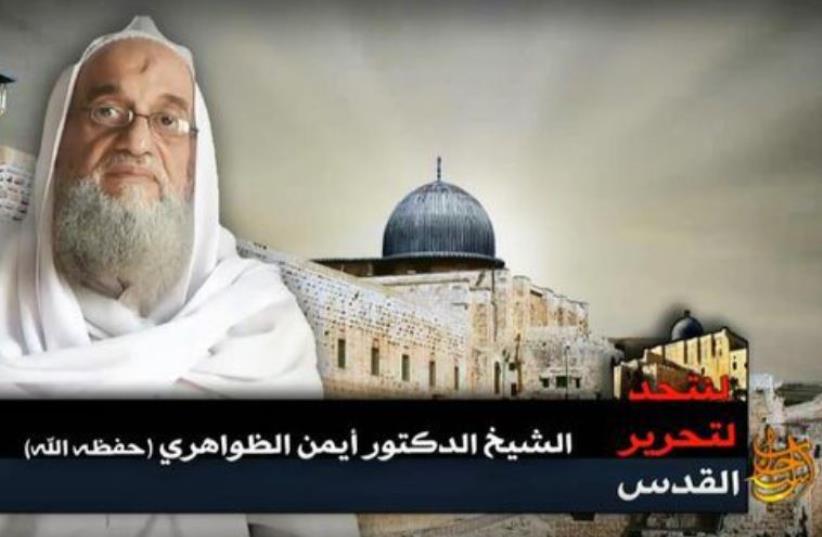 Screenshot from the audio-video recording 'To unit for the Liberation of Palestine' show's Zawahri standing in front of the Al Aqsa Mosque (photo credit: screenshot)