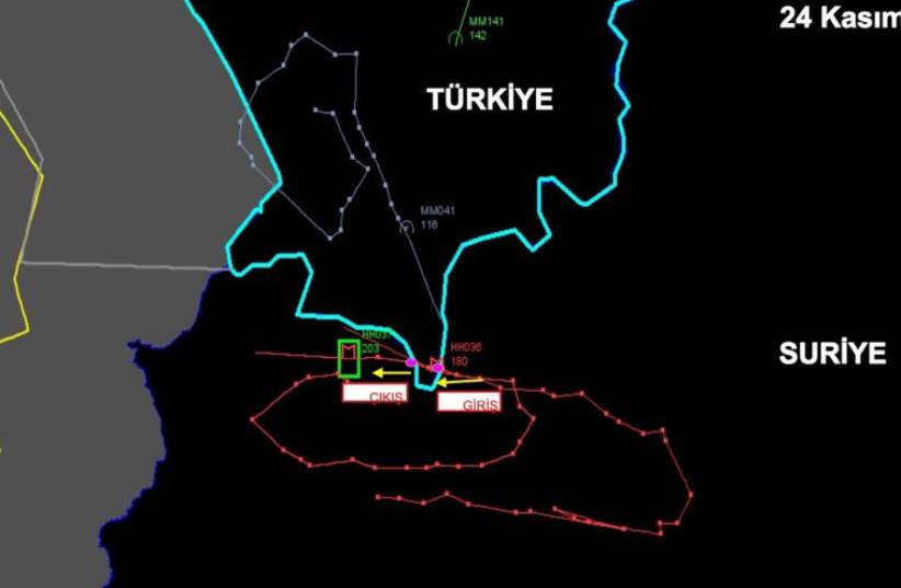 A radar picture shows activities of the downed Russian warplane on the Turkish-Syrian border, November 24, 2015 in this handout photo provided by Turkish Interior Ministry (photo credit: REUTERS)