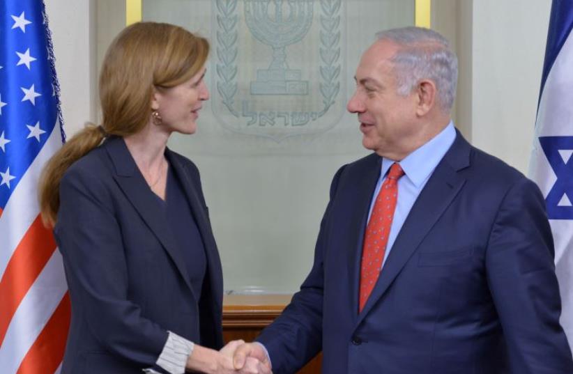 Netanyahu and US Ambassador to the UN Samantha Power  (photo credit: KOBI GIDEON/GPO)