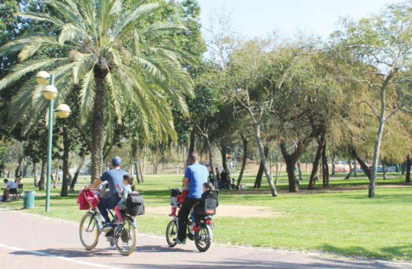 PEOPLE CYCLE through Yarkon Park in Tel Aviv over the weekend. (photo credit: MICHELLE MALKA GROSSMAN)