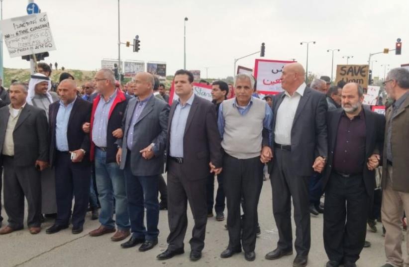 Israeli Arab MKs at protest in Beersheba against planned destruction of illegal unrecognized Beduin villages (photo credit: JOINT LIST)