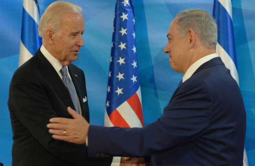 US Vice President Joe Biden meets Prime Minister Benjamin Netanyahu, March 8, 2016 (photo credit: AMOS BEN-GERSHOM/GPO)