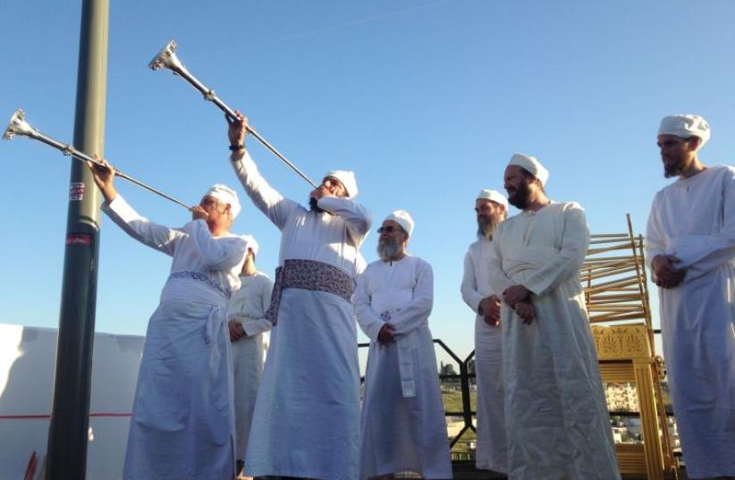 Cohanim priests taking part in the Passover ritual (photo credit: JEREMY SHARON)