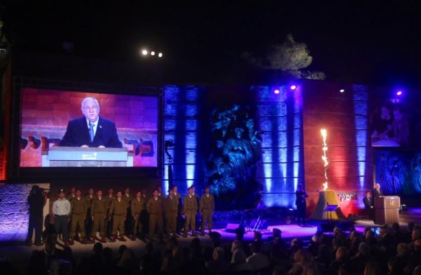 President Reuven Rivlin speaking at the Yad Vashem Holocaust Rememberance Day ceremony (photo credit: MARC ISRAEL SELLEM/THE JERUSALEM POST)