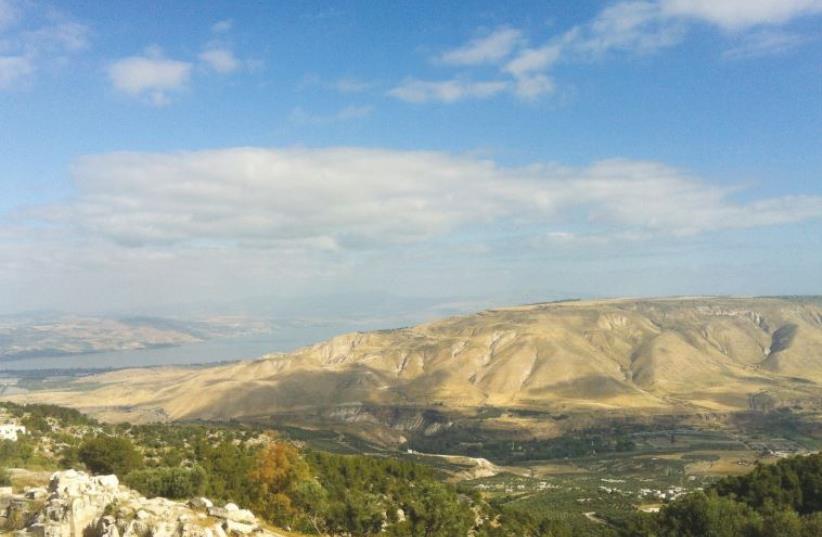 The Golan Heights and Lake Kinneret are seen from Umm Qais in Jordan (photo credit: LAURA KELLY)