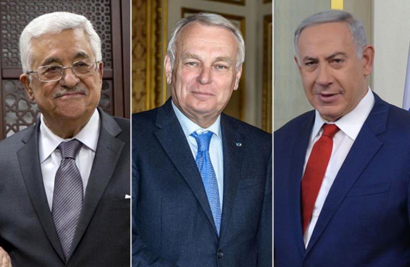 Netanyahu, Ayrault and Abbas (photo credit: KOBI GIDEON/GPO,REUTERS)