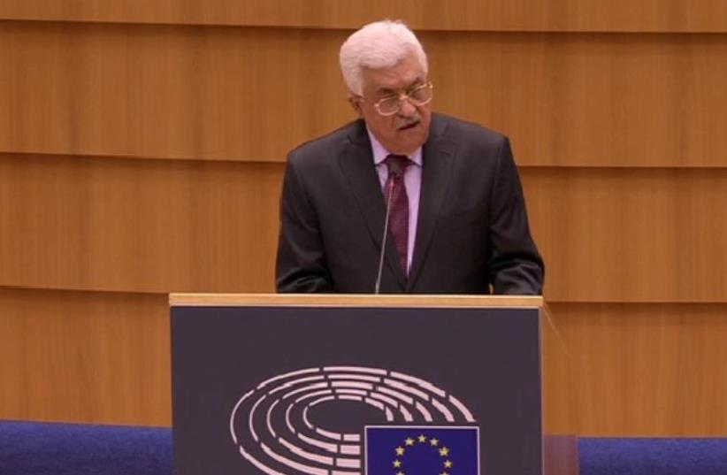 Abbas addresses European Parliament (photo credit: screenshot)