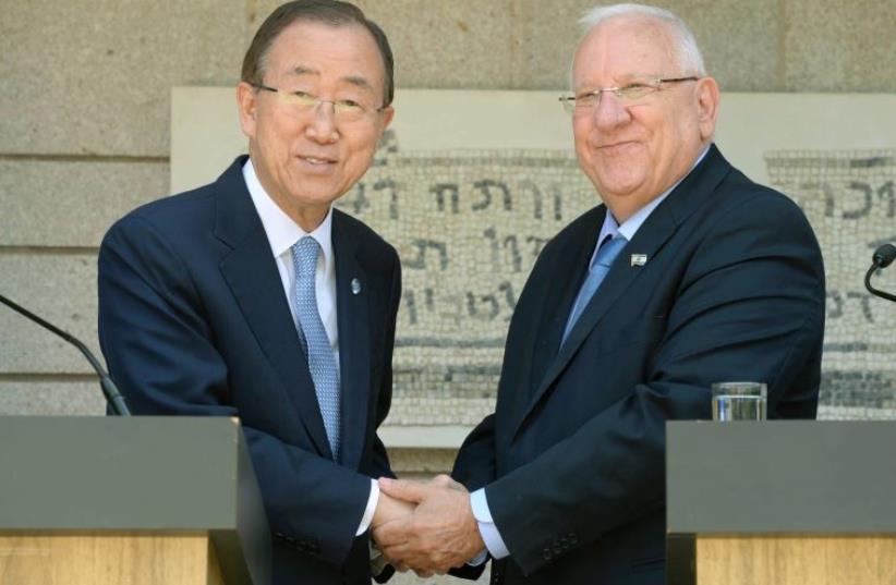 Rivlin and Ban Ki-moon (photo credit: Mark Neiman/GPO)