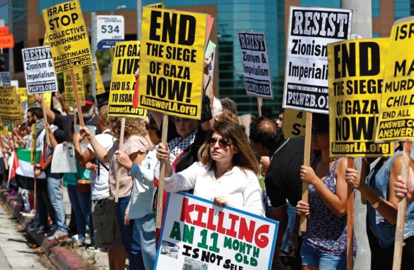 PRO-PALESTINIAN SUPPORTERS rally in Los Angeles in 2014. The current election has brought out many extreme views against Israel (photo credit: REUTERS)
