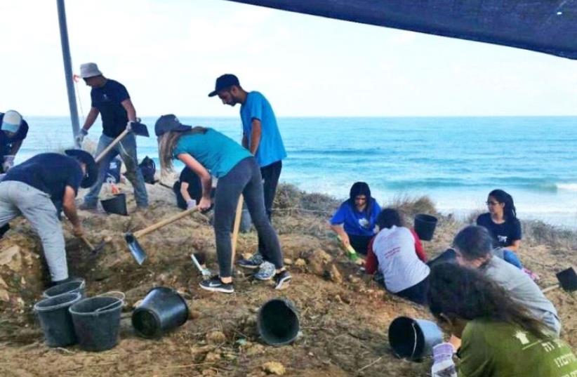 Young participants who assisted during the beach excavation.  (photo credit: CLARA AMIT, COURTESY OF THE ISRAEL ANTIQUITIES AUTHORITY)