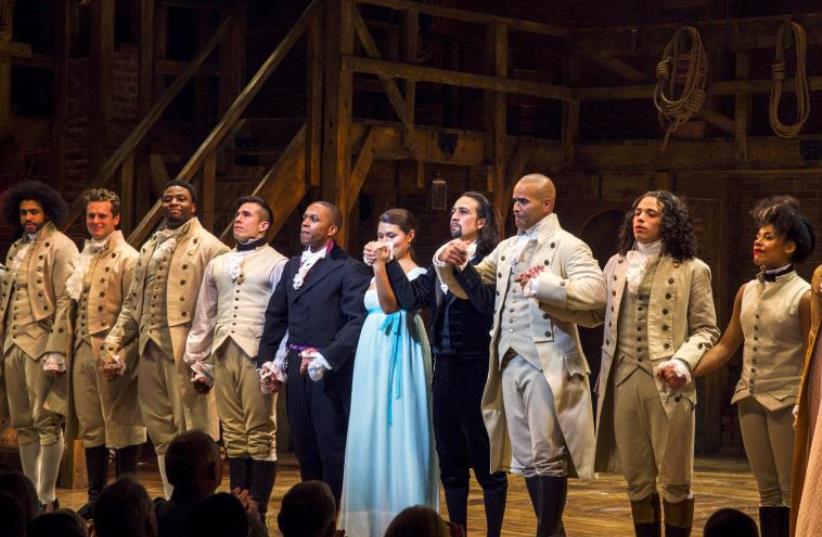 The play "Hamilton," bows to the audience after opening night of the play on Broadway in New York August 6, 2015 (photo credit: REUTERS)