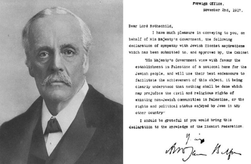 Lord Arthur James Balfour and the text of the Balfour Declaration (photo credit: WIKIMEDIA)
