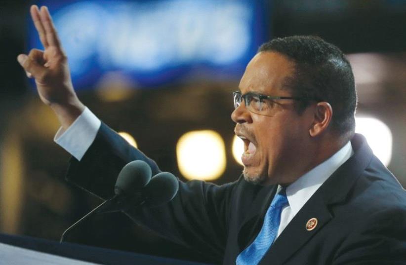 US REP. Keith Ellison speaks during the first session at the Democratic National Convention in Philadelphia last July. (photo credit: REUTERS)