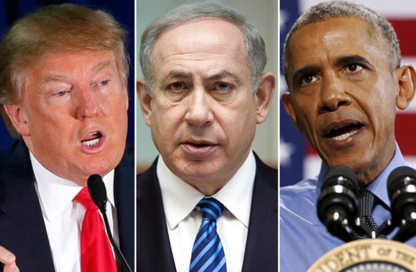 Trump, Netanyahu and Obama (photo credit: REUTERS)