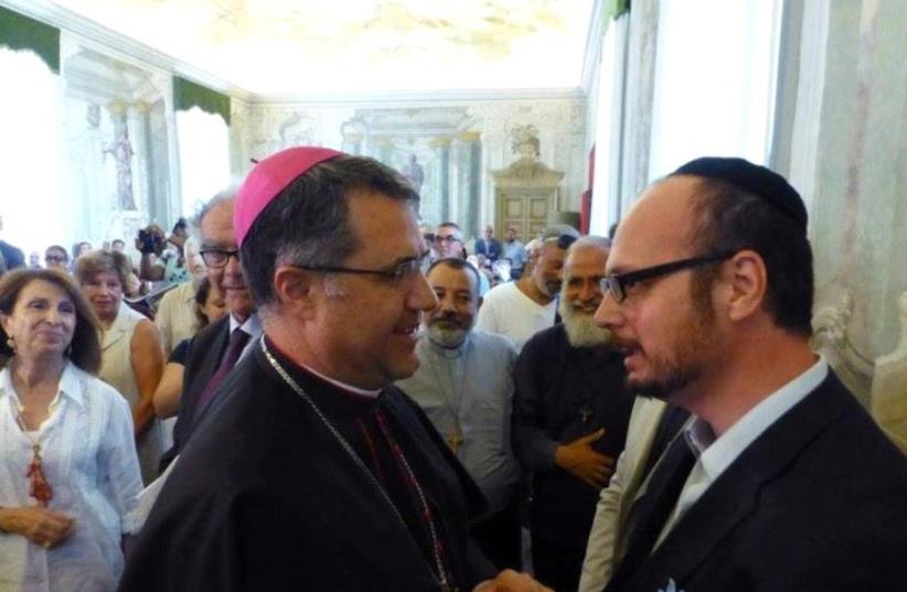 Palermo Archbishop Corrado Lorefice (left) with Shavei Israel’s emissary to Sicily, Rabbi Pinhas Punturello (right). (photo credit: SHAVEI ISRAEL)