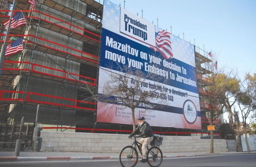 A SIGN calls on US President Donald Trump to move the US Embassy to Jerusalem. (photo credit: REUTERS)