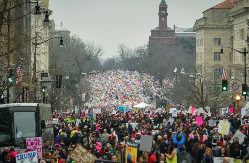 Hundreds of thousands of marchers fill the street during a Women’s March demonstration in Washington, DC, on January 21 (photo credit: REUTERS)