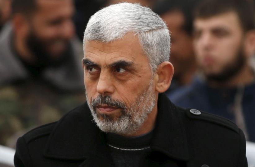 Hamas leader Yahya Sinwar attends a rally in Khan Younis in the southern Gaza Strip January 7, 2016 (photo credit: REUTERS)