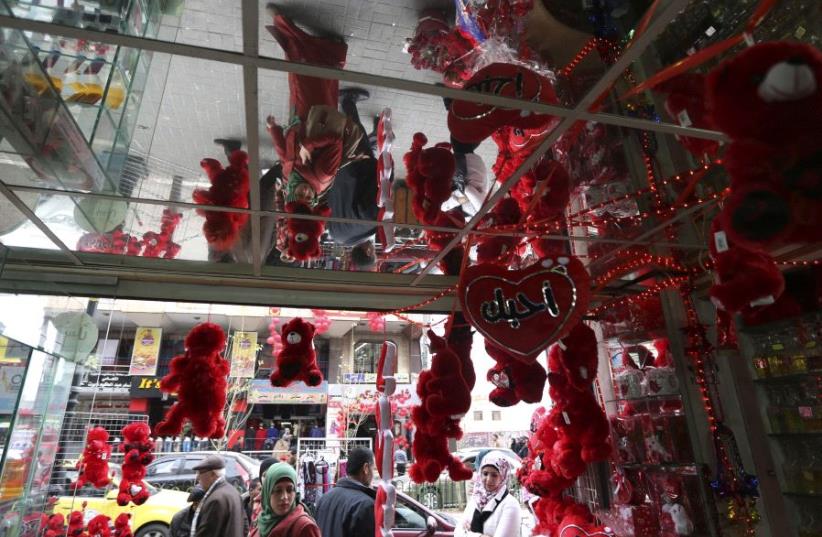 The entrance to a store selling gifts for Valentine's Day in Ramallah (photo credit: REUTERS)