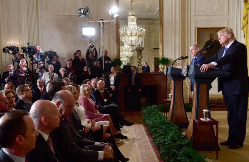 Benjamin Netanyahu and Donald Trump give press conference at the White House in Washington on Feb. 15, 2017 (photo credit: AVI OHAYON - GPO)