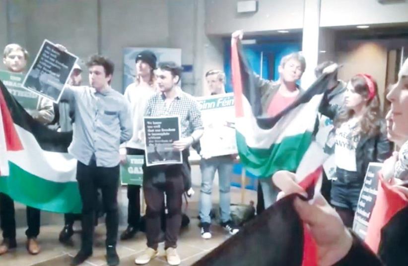 MEMBERS OF Students for a Just Palestine protest a scheduled lecture by Ambassador to Ireland Ze’ev Boker at Trinity College in Dublin, Ireland (photo credit: FACEBOOK)