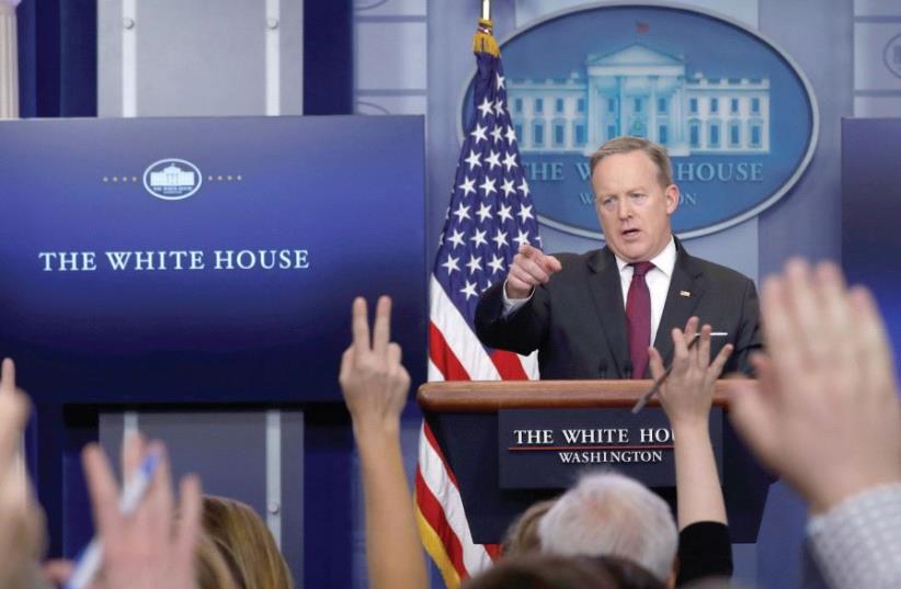 White House Press Secretary and Communications Director Sean Spicer holds the daily press briefing at the White House in Washington (photo credit: REUTERS)