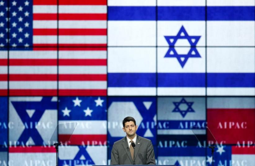 Speaker of the House Paul Ryan (R-WI) speaks to the American Israel Public Affairs Committee (AIPAC) policy conference in Washington (photo credit: REUTERS)
