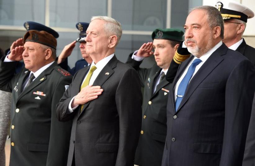 From Left to Right: IDF Chief of Staff Gadi Eisenkot, US Defense Secretary General James Mattis and Defense Minister Avigdor Liberman (photo credit: ARIEL HERMONI / DEFENSE MINISTRY)