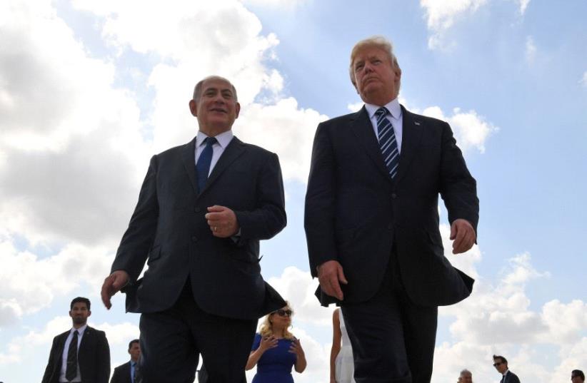 Prime Minister Benjamin Netanyahu and US President Donald Trump at Ben Gurion International Airport (photo credit: KOBI GIDEON/GPO)