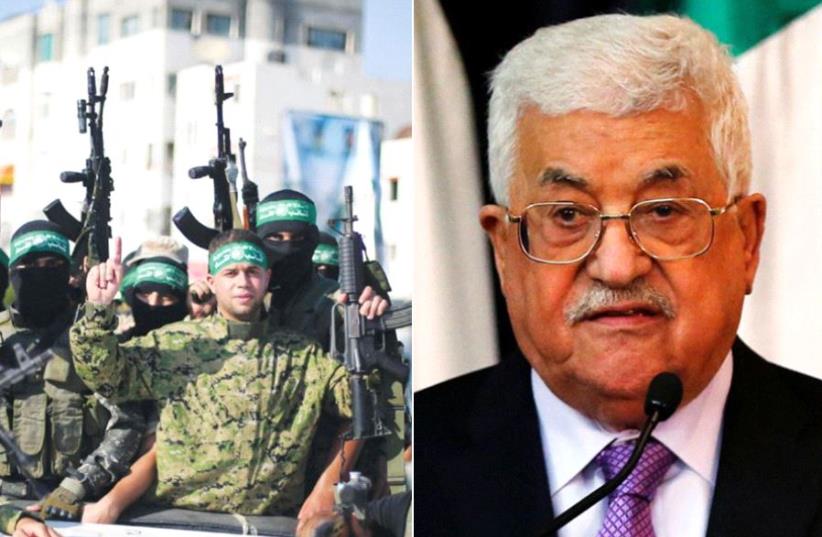 Hamas members and Abbas (photo credit: REUTERS)