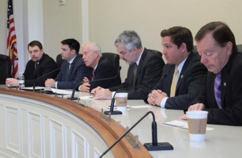 MEF President Professor Daniel Pipes (third from right) and MEF Director Gregg Roman (left), Rep. Ron DeSantis (second from right) and Rep. Bill Johnson (third from left) participate in the Congressional Israel Victory Caucus in April (photo credit: ISRAEL VICTORY FORUM)