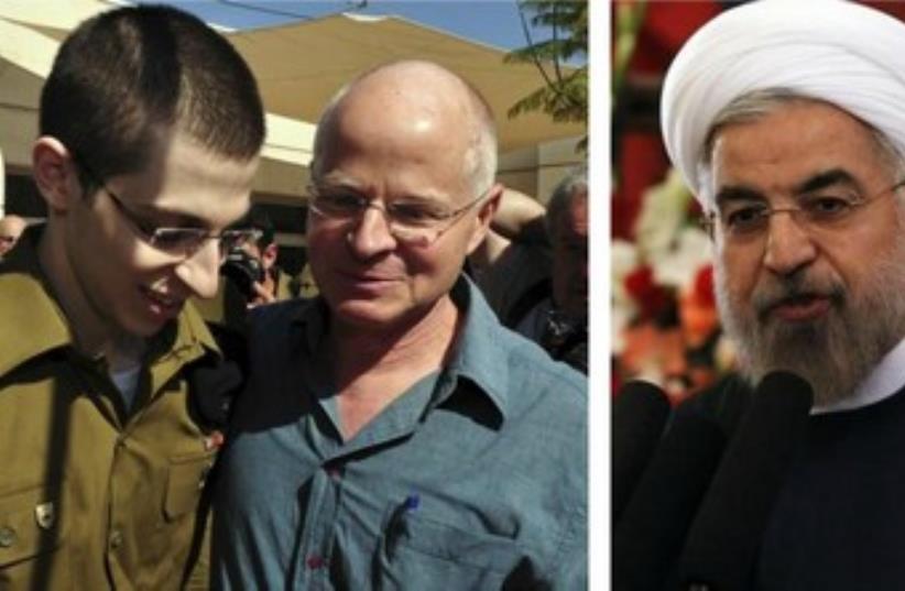 Freed IDF soldier Gilad Schalit, his father Noam, and Iranian President Hassan Rouhani (photo credit: REUTERS)