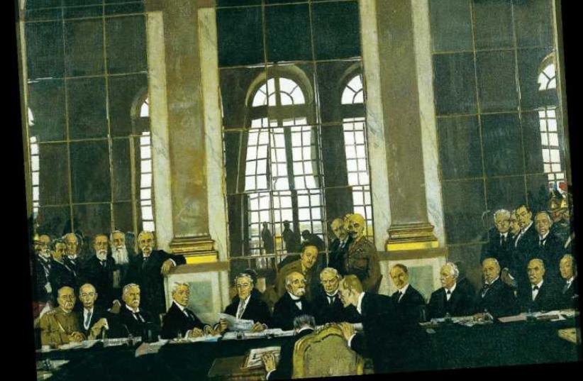 The Signing of Peace in the Hall of Mirrors, Versailles, June 28, 1919’ by Sir William Orpen. (photo credit: Wikimedia Commons)