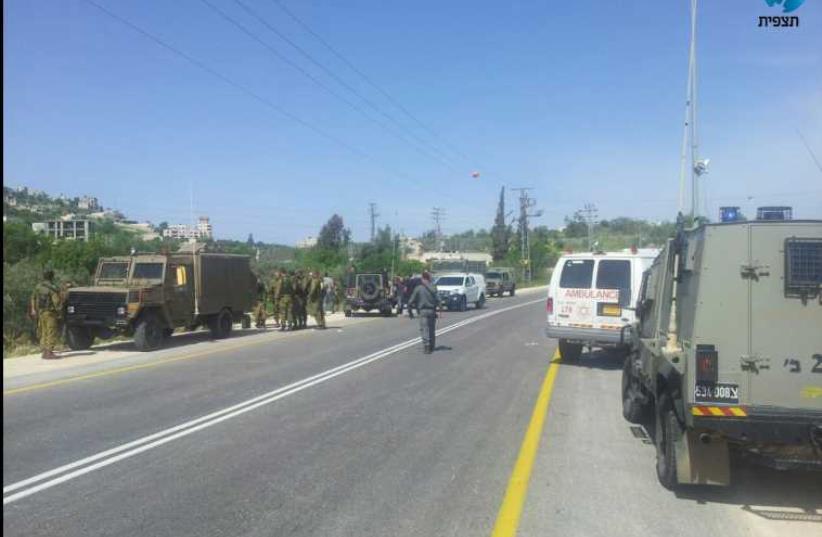 Scene of stabbing attack in West Bank near Shiloh Junction on Route 60 (photo credit: TAZPIT)