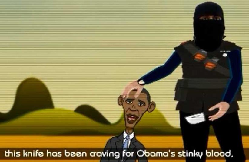 A cartoon image of an ISIS terrorist beheading US President Barack Obama (photo credit: MEMRI)