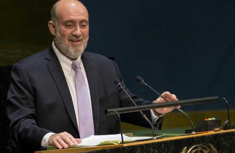 Ron Prosor addresses the United Nations General Assembly in January during a meeting about the rise of anti-Semitism (photo credit: REUTERS)